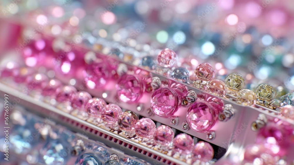 Close-up view of colorful gemstones arranged in a decorative pattern with soft bokeh background Close-up view of colorful gemstones arranged in a decorative pattern with soft bokeh background