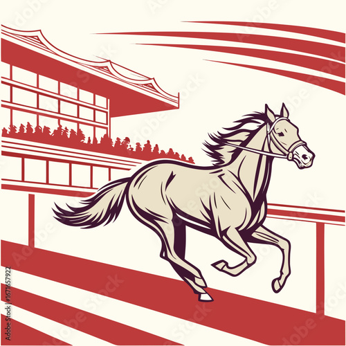 Stylized illustration of a powerful horse racing at a grand stadium with spectators and dramatic red accents