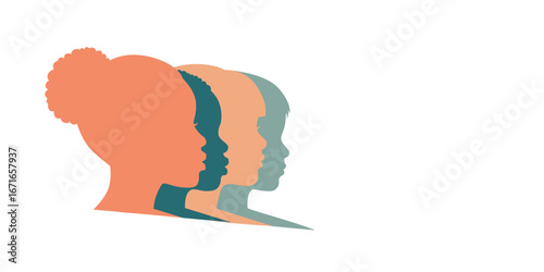 Group of colored silhouettes of children's heads on a white background. Banner about education, school, communication and psychological and physical protection of children with space for text.