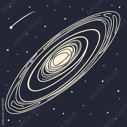 Stylized illustration of a swirling galaxy with a shooting star and scattered stars against a dark blue background
