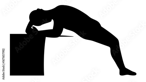 Silhouette in Contemplation: A solitary figure is captured in a moment of deep thought, leaning thoughtfully against a stark cube, his form a stark silhouette.