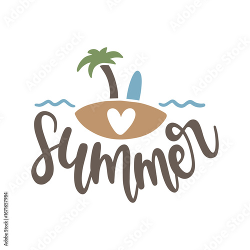 Cartoonish "Summer" lettering below a small island with palm tree, surfboard, heart, and waves, in muted brown, blue, and green hues, creating a cheerful, summery vibe.