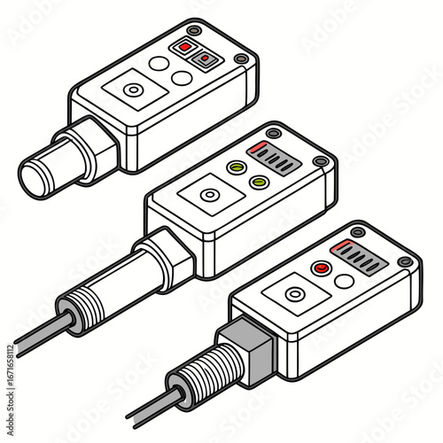 Three isometric line drawings of industrial sensors with buttons and indicators on a white background