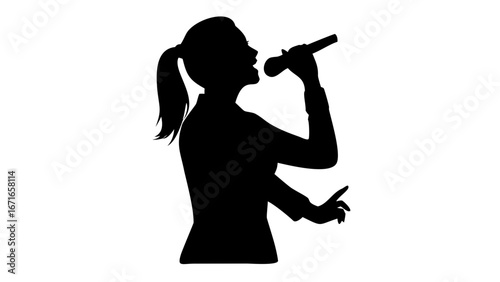 Silhouette of a Singer: Capturing a silhouette of a female singer in full performance, with an open microphone, conveying the power and beauty of a live music experience.