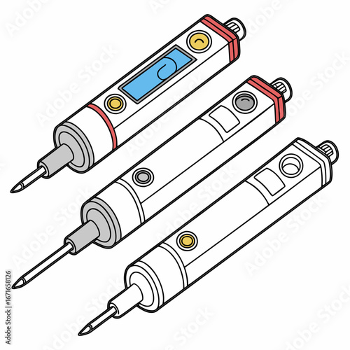 Three modern digital soldering irons with fine tips and control buttons displayed in isometric view