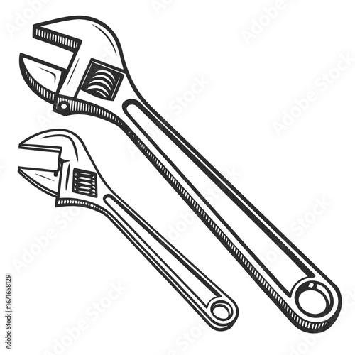 Two adjustable wrenches one large and one small illustrated in a clean black and white line art style