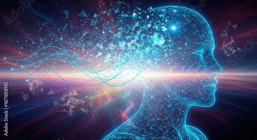A low-poly blue cyborg silhouette dissolves into flowing circuit wires across a surreal dreamscape