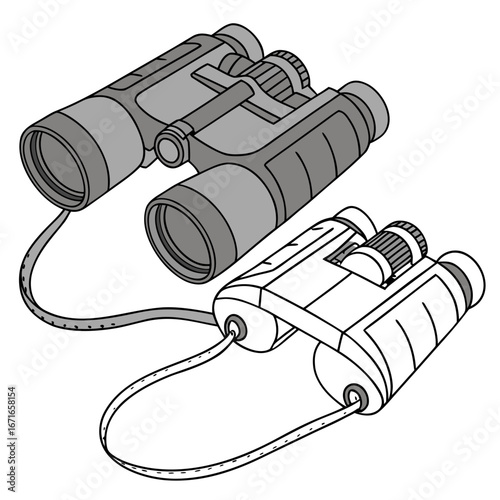 Two binoculars one in grayscale and one in outline with straps are shown from a high angle