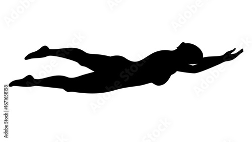 Silhouette of a swimmer: A black silhouette depicts a swimmer gliding effortlessly through the water, embodying grace and athleticism in a moment of fluid motion.
