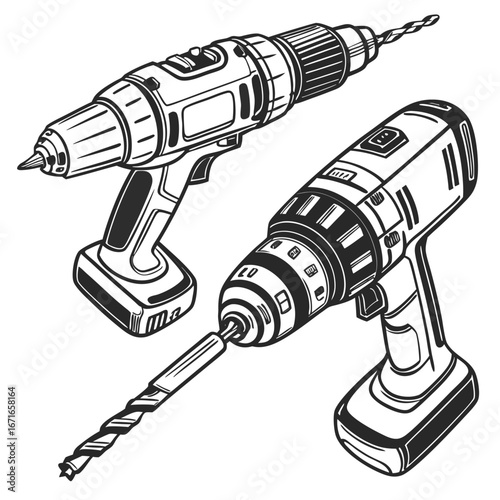 Two black and white illustrations of cordless power drills with drill bits on a white background