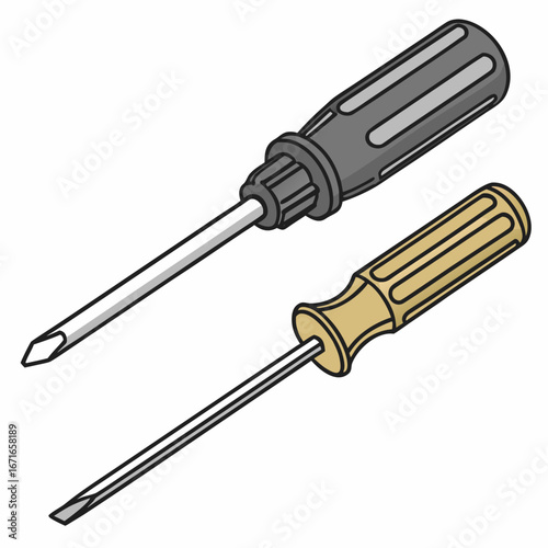 Two hand screwdrivers one with a phillips head and one with a flat head on a white background