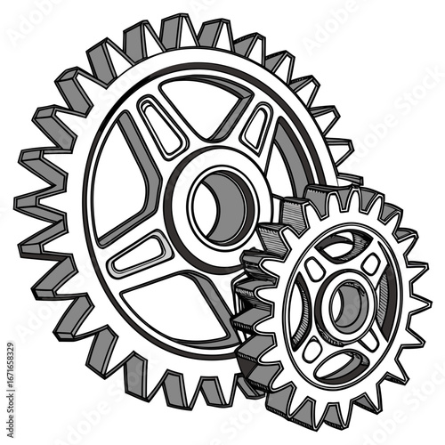 Two interlocking gears one large and one small rendered in a stylized line art with shading