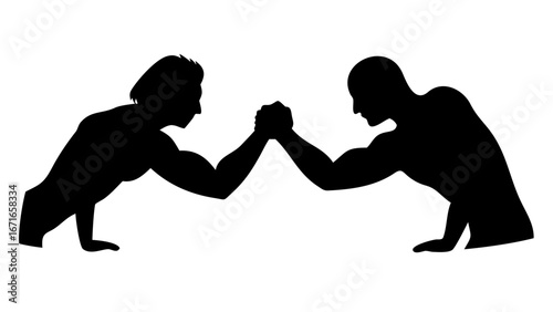 Silhouette Arm Wrestling: A dramatic monochrome depiction of two figures engaged in the intense arm wrestling match, epitomizing competition and strength. 