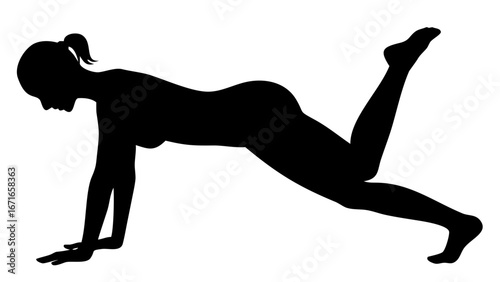 Silhouette Fitness: A poised, silhouette woman performs the plank exercise with focus and control, demonstrating core strength and commitment to fitness.
