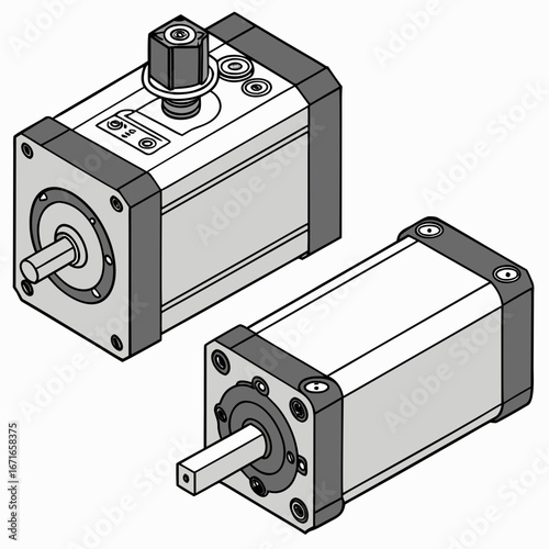 Two isometric views of a compact electric motor with a shaft and electrical connector