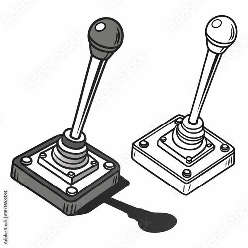 Two isometric vintage style gear shift knobs with one in grayscale and one in outline on a white background