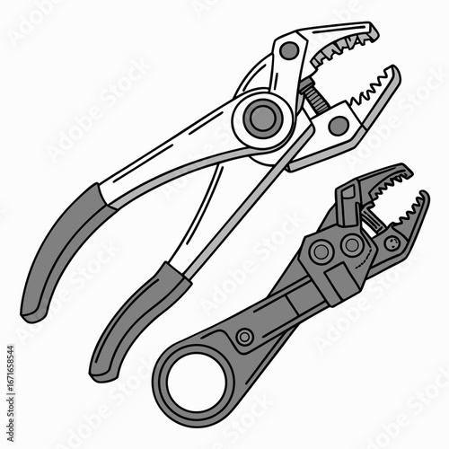 Two types of specialized pliers hose clamp pliers and crimping pliers isolated on white background
