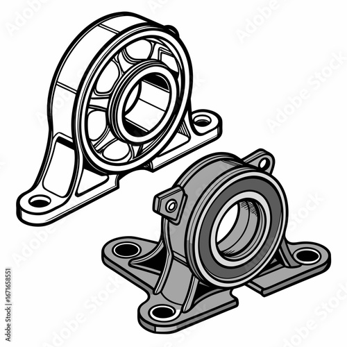 Two views of a pillow block bearing assembly one in line art and one in grayscale shading