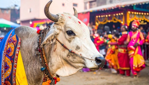 A decorated cow takes center stage at a vibrant festival, showcasing colorful attire and festive atmosphere.