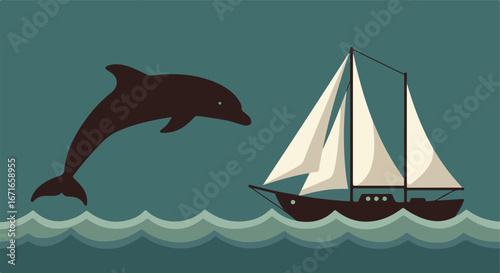 Dolphin leaping near boat on ocean