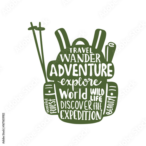 Olive-green backpack silhouette filled with travel-themed words, hiking sticks beside, map roll, white background, vector illustration, adventure mood, flat design.