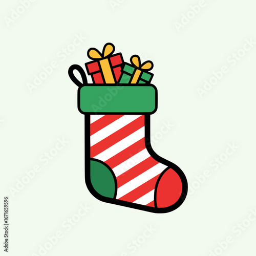 Cute cartoon illustration of traditional Christmas stocking filled with presents, striped design in red white green holiday theme