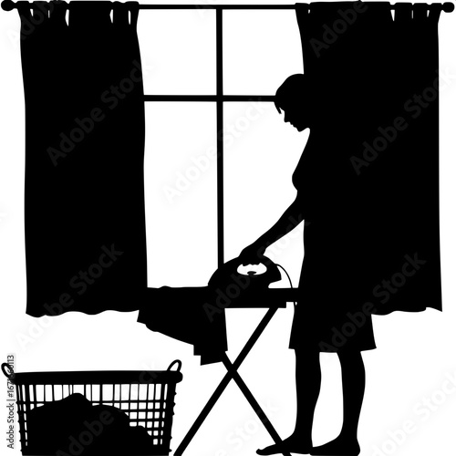 A woman’s silhouette is shown ironing clothes in a living room setting. She wears a short-sleeved blouse and skirt, facing left in profile. An ironing board stretches across the foreground, with a lau