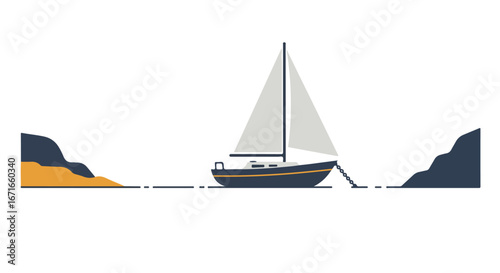 Sailing Boat Anchored at Cliffs Illustration on a White Background