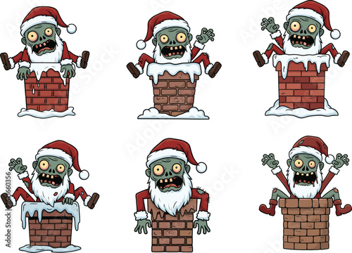 Zombie Santa Claus, horror Christmas chimney, creepy undead Santa, scary holiday character, funny zombie costume, spooky festive cartoon, winter nightmare