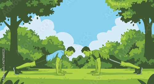 Outdoor workout challenge illustration featuring two athletic men performing push-ups together in a sunny green park