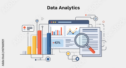 Data analytics tools display information on screen with magnifying glass examining documents, showcasing data analysis and insights in a modern presentation.