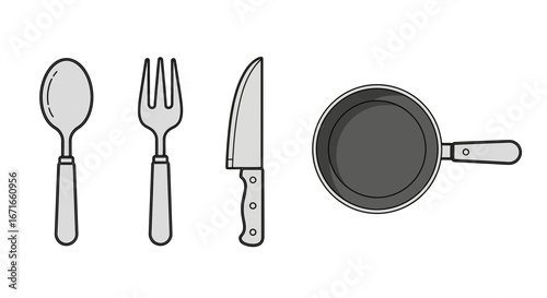 Arrangement of kitchen utensils including a spoon, fork, knife, and frying pan on a white surface, representing cooking and meal preparation.
