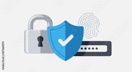 Security shield protects password with fingerprint in digital space representing online safety and data protection with a modern, clean aesthetic.