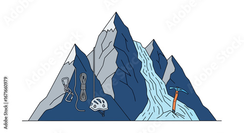 Mountain climber prepares equipment before ascending snowy peak with waterfall in remote wilderness, capturing the spirit of adventure and challenge.