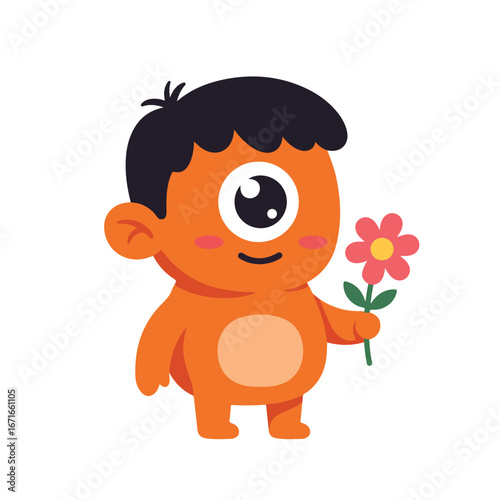 Friendly One-Eyed Monster Holding Flower on Plain Background