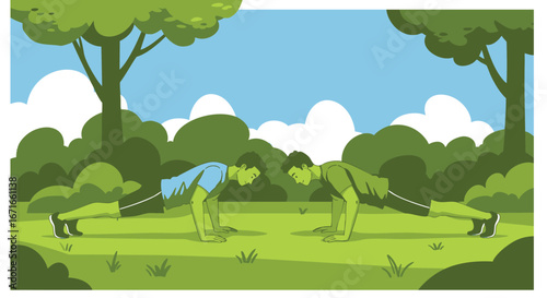Two athletic men in a partner workout doing push-ups face to face in a park. Vector illustration of outdoor fitness and exercise
