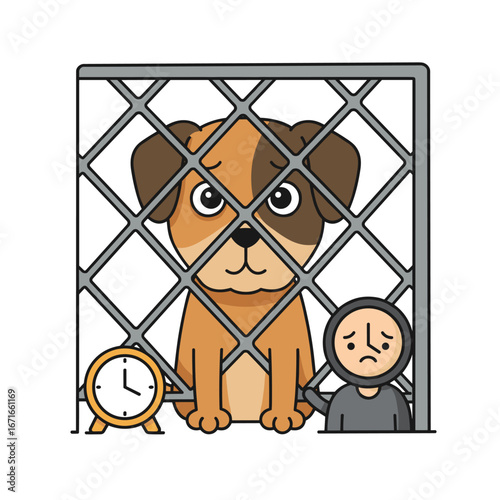 Dog behind bars with sad child and clock
