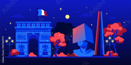 France at night - colorful flat design style illustration