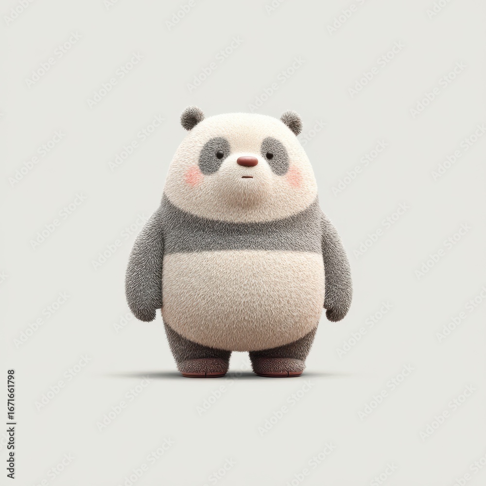 Fototapeta premium A charming stuffed panda bear with a grey and white outfit stands still against a plain white background, presenting a playful and cuddly appearance. Perfect for toy collectors and decoration.
