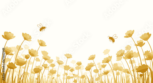 Golden wildflowers and buzzing bees create a joyful, serene meadow ambiance for spring designs