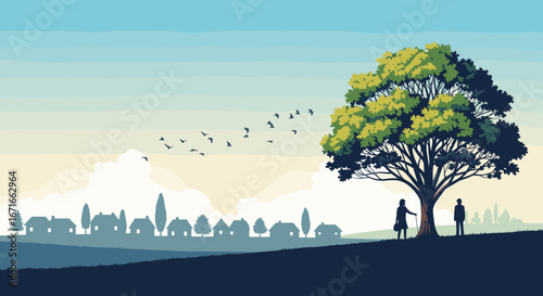 Couple standing under a vibrant tree watching birds fly over idyllic village landscape