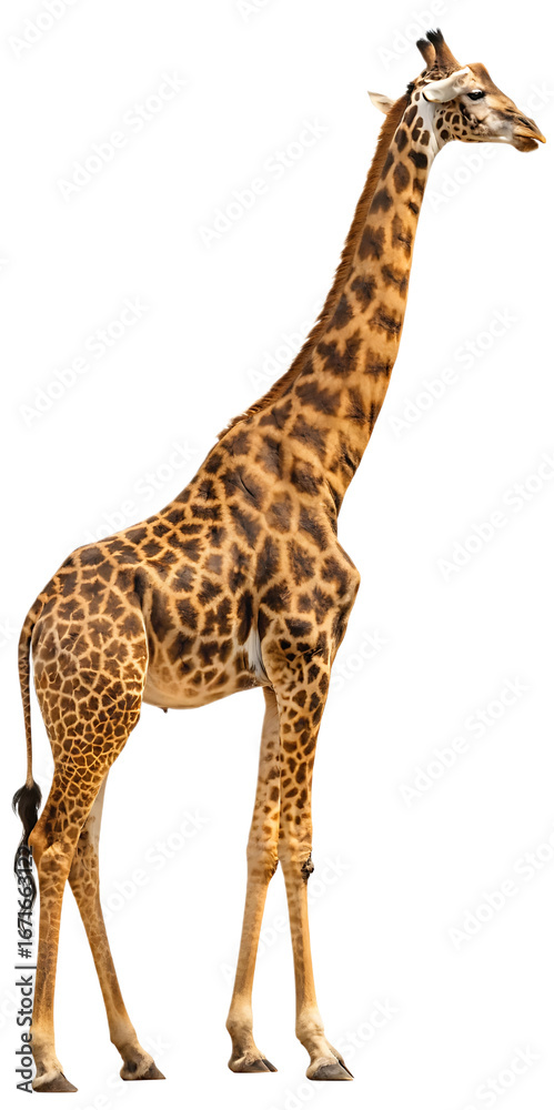 Naklejka premium Magnificent giraffe standing tall showcasing its iconic pattern and long neck against a dark background an elegant herbivore from the African savanna is ready to be discovered