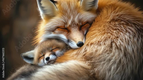 Wallpaper Mural Tender embrace of adult fox and sleeping kit in natural habitat. Mother's Day, Mothering Sunday, Dia de la Madre - Global Maternal Celebration, Worldwide Family Holiday Torontodigital.ca
