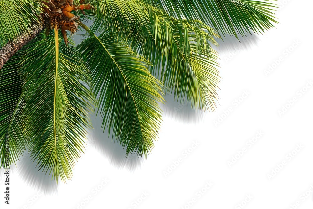 Naklejka premium Palm fronds with coconuts, diagonal-left composition, casting shadows on a clean white background