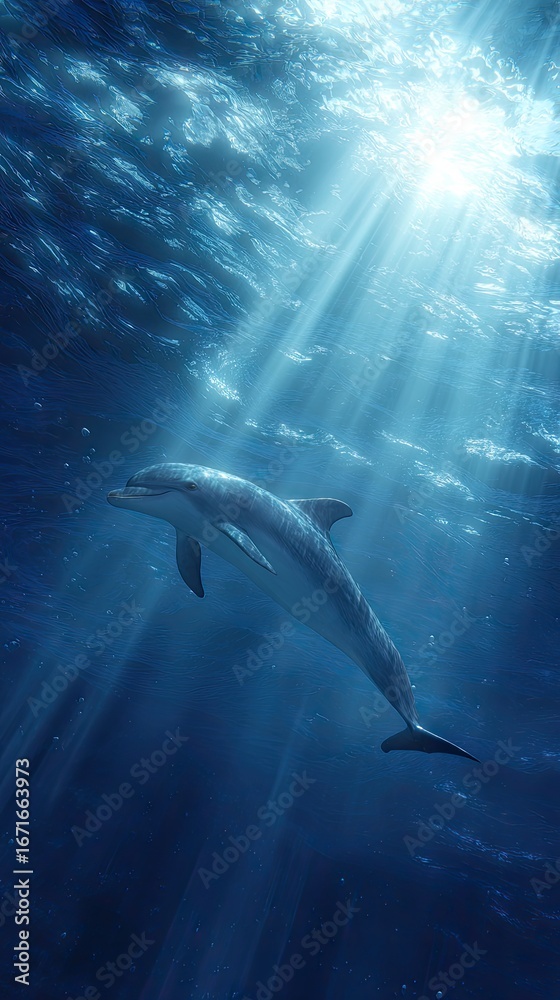 Fototapeta premium Dolphin in sunlit underwater scene (1)