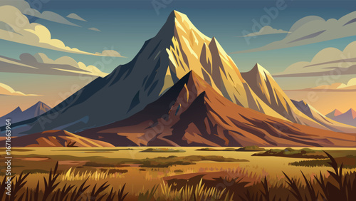 Cartoon landscape with mountains and grass. Vector illustration for game design