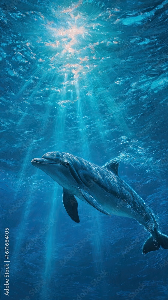 Fototapeta premium Sunlight streams down on a dolphin in deep blue water