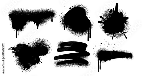 Graffiti Spray Paint spots Elements Collection.Set of black spray paint shapes with drips, splashes, blobs, and grunge smears, for graffiti designs, urban art, posters, backgrounds. Vector
