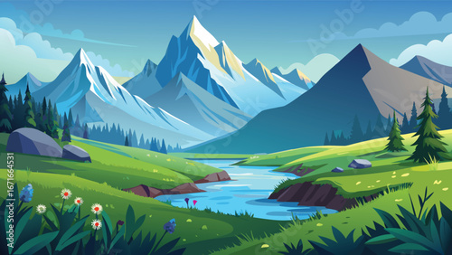 Mountain landscape with river and mountains. Vector illustration in flat style
