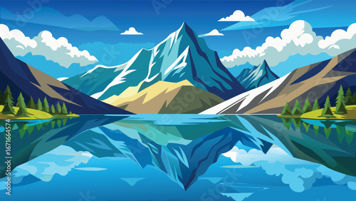 Mountains and lake with reflection in the water. Vector illustration.